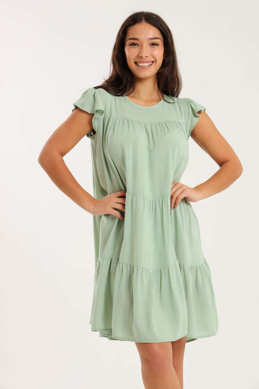 Ruffle Short Cap Sleeve Tiered Viscose Summer Dress