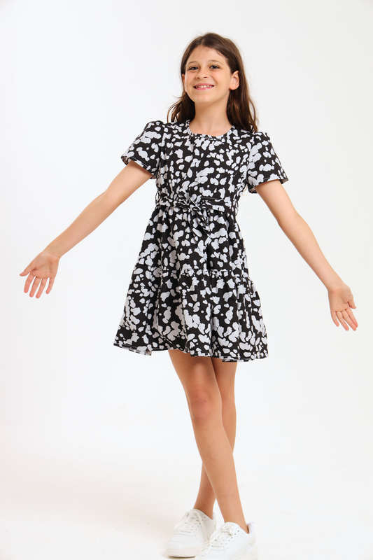 Girls Relaxed Fit Printed Tiered Belted Dress 7 to 14 Years