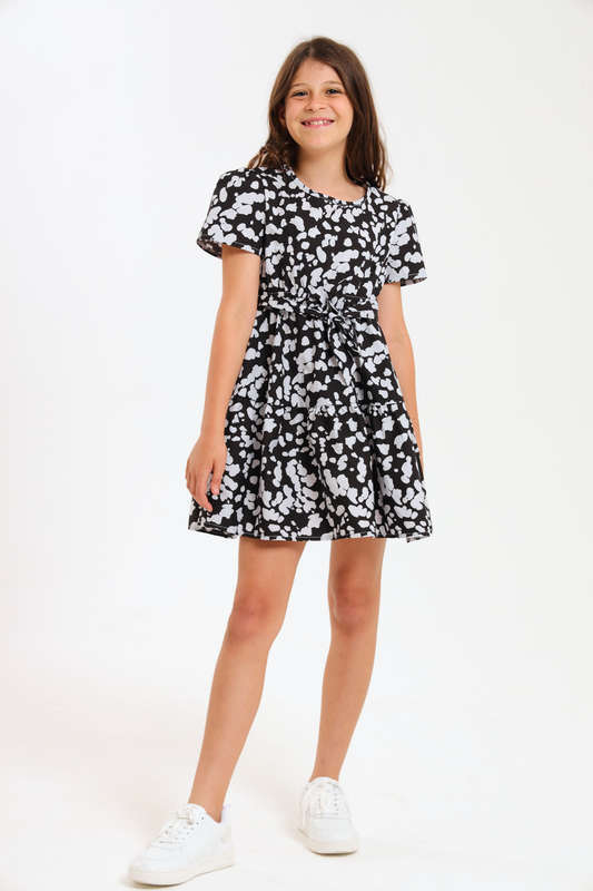 Girls Relaxed Fit Printed Tiered Belted Dress 7 to 14 Years