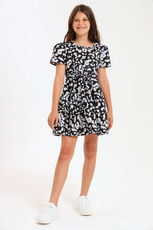 Girls Relaxed Fit Printed Tiered Belted Dress 7 to 14 Years