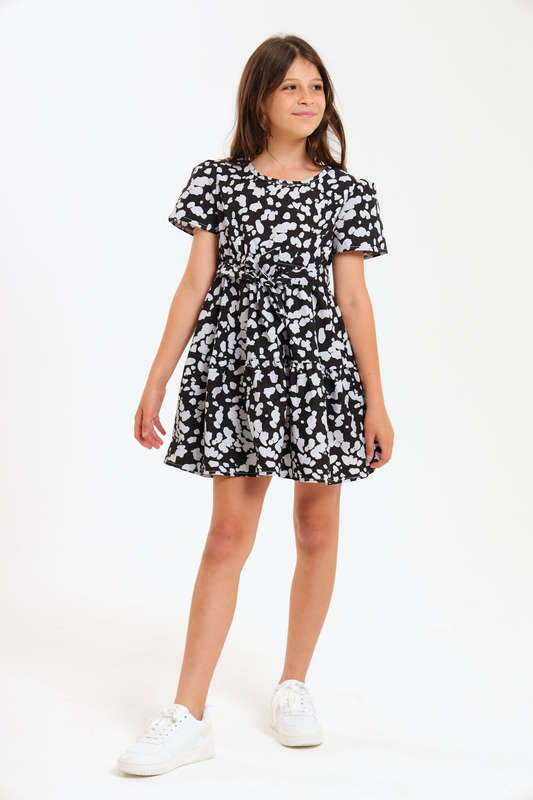 Girls Relaxed Fit Printed Tiered Belted Dress 7 to 14 Years