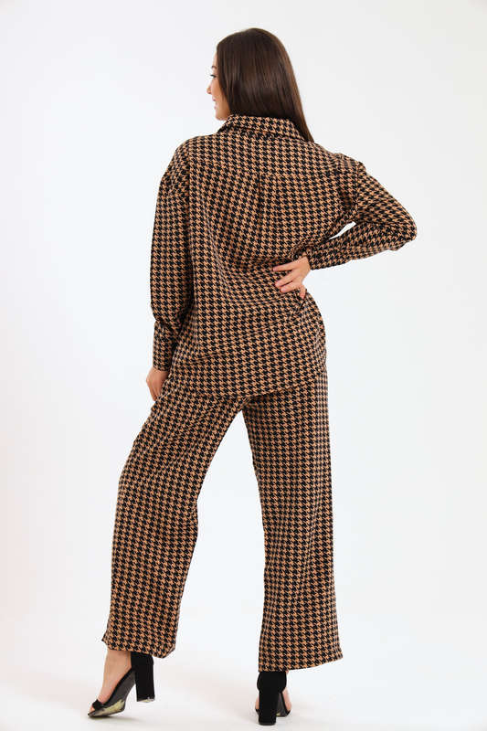 Ladies Houndstooth Oversized Long Sleeve Shirt Collar Top &amp; Wide Leg Pants Co-Ords Set