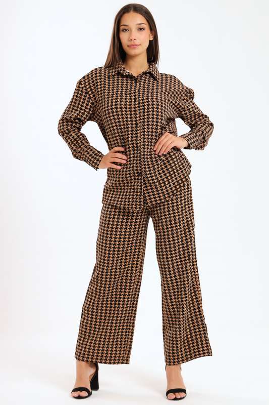 Ladies Houndstooth Oversized Long Sleeve Shirt Collar Top &amp; Wide Leg Pants Co-Ords Set