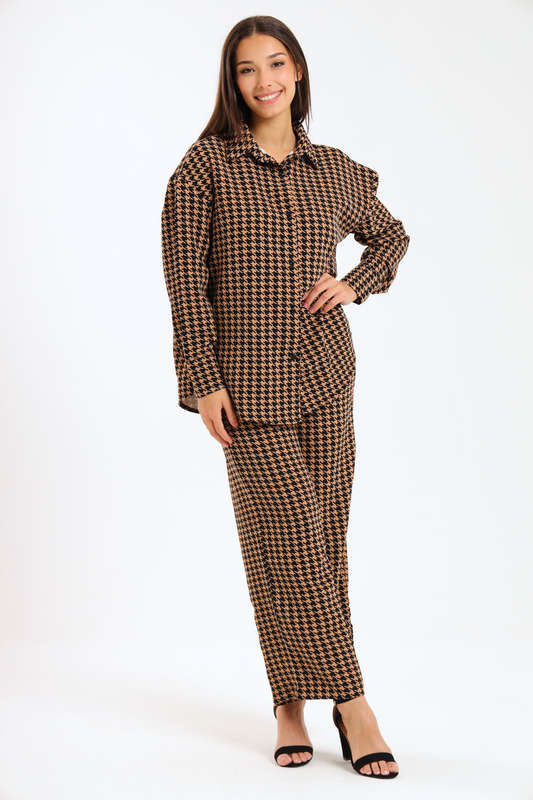 Ladies Houndstooth Oversized Long Sleeve Shirt Collar Top &amp; Wide Leg Pants Co-Ords Set