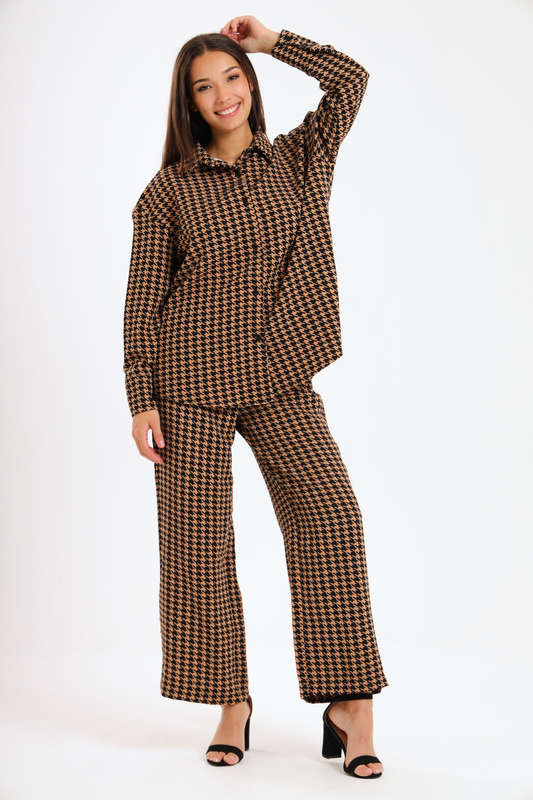Ladies Houndstooth Oversized Long Sleeve Shirt Collar Top &amp; Wide Leg Pants Co-Ords Set