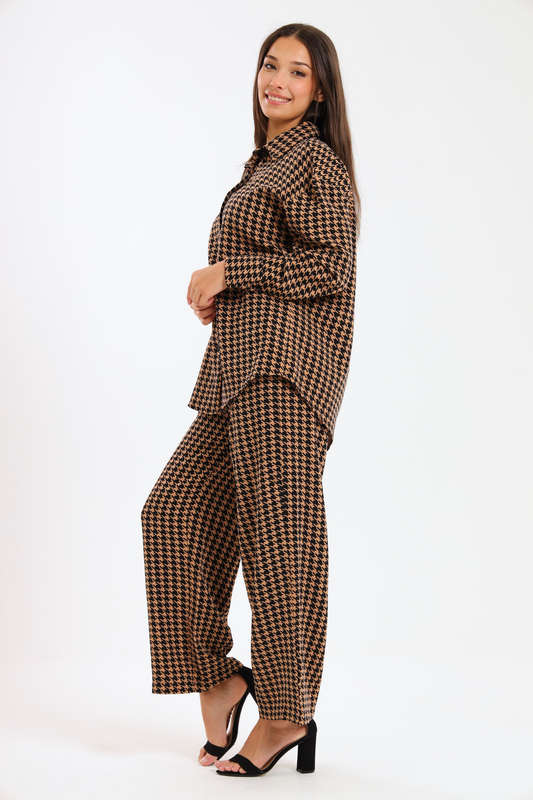 Ladies Houndstooth Oversized Long Sleeve Shirt Collar Top &amp; Wide Leg Pants Co-Ords Set
