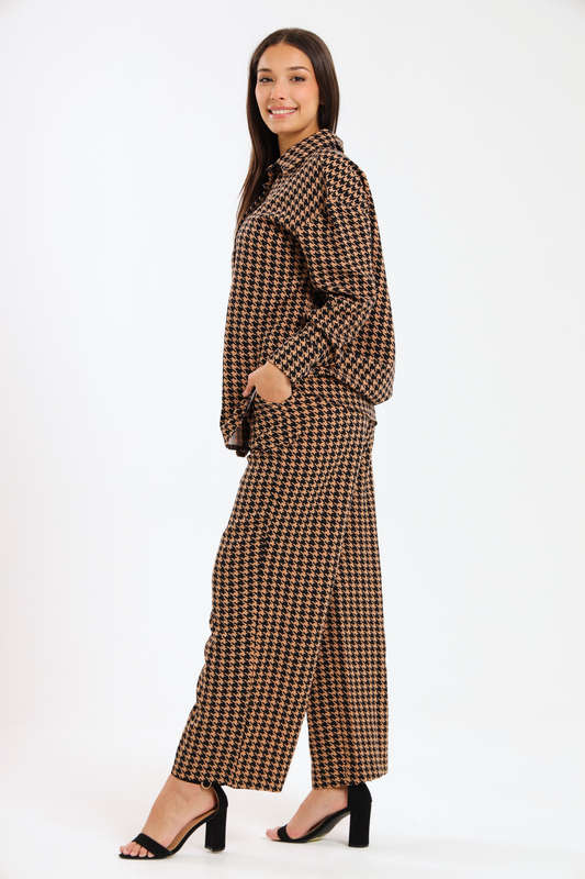 Ladies Houndstooth Oversized Long Sleeve Shirt Collar Top &amp; Wide Leg Pants Co-Ords Set