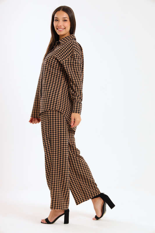 Ladies Houndstooth Oversized Long Sleeve Shirt Collar Top &amp; Wide Leg Pants Co-Ords Set