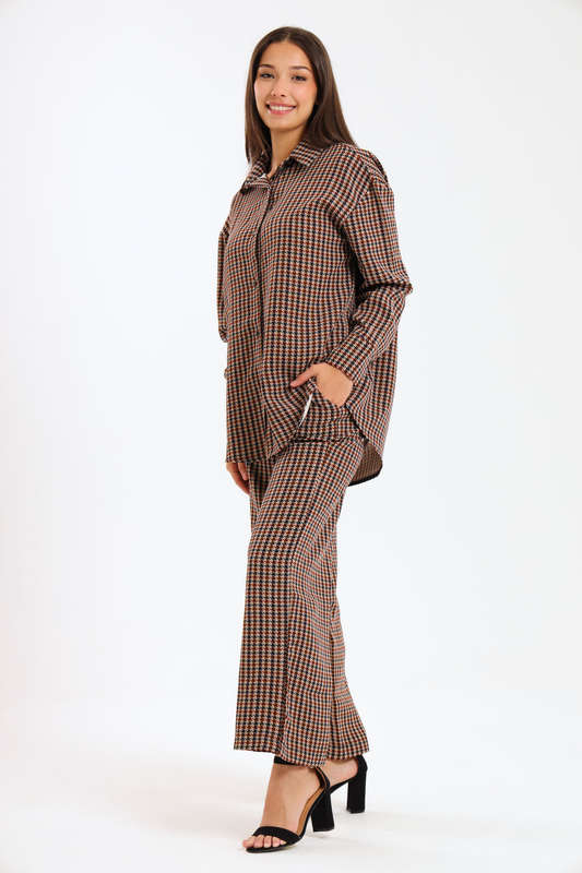 Ladies Houndstooth Oversized Long Sleeve Shirt Collar Top &amp; Wide Leg Pants Co-Ords Set
