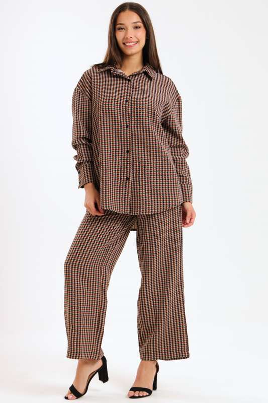 Ladies Houndstooth Oversized Long Sleeve Shirt Collar Top &amp; Wide Leg Pants Co-Ords Set