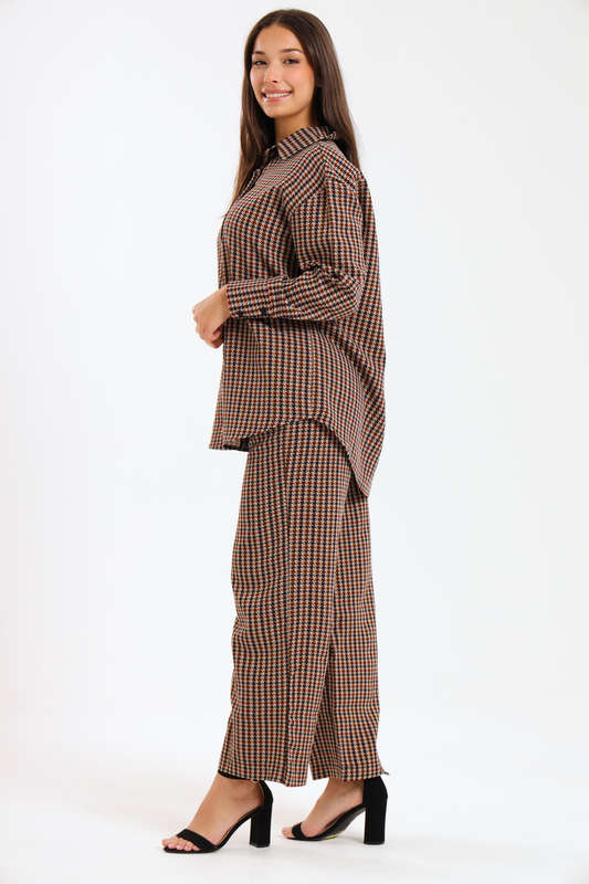 Ladies Houndstooth Oversized Long Sleeve Shirt Collar Top &amp; Wide Leg Pants Co-Ords Set