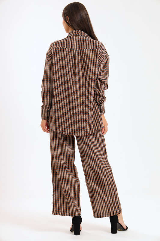 Ladies Houndstooth Oversized Long Sleeve Shirt Collar Top &amp; Wide Leg Pants Co-Ords Set