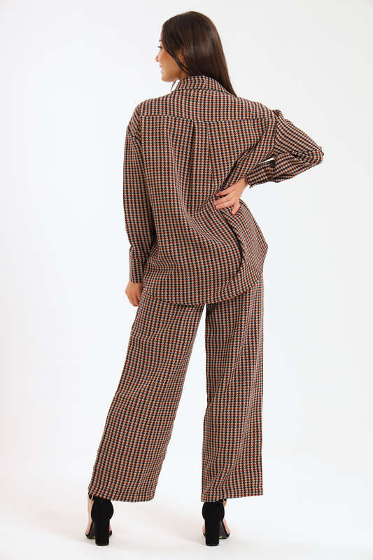 Ladies Houndstooth Oversized Long Sleeve Shirt Collar Top &amp; Wide Leg Pants Co-Ords Set