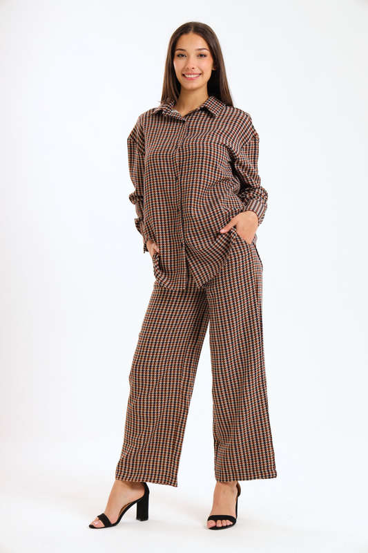 Ladies Houndstooth Oversized Long Sleeve Shirt Collar Top &amp; Wide Leg Pants Co-Ords Set
