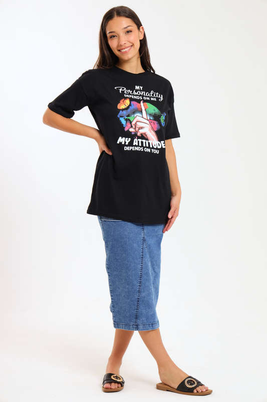 Ladies Printed Slogan Maxi T-Shirt