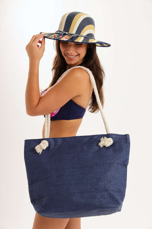 Senza® Large Capacity Canvas Stripe Tote Beach Bag With Matching Hat