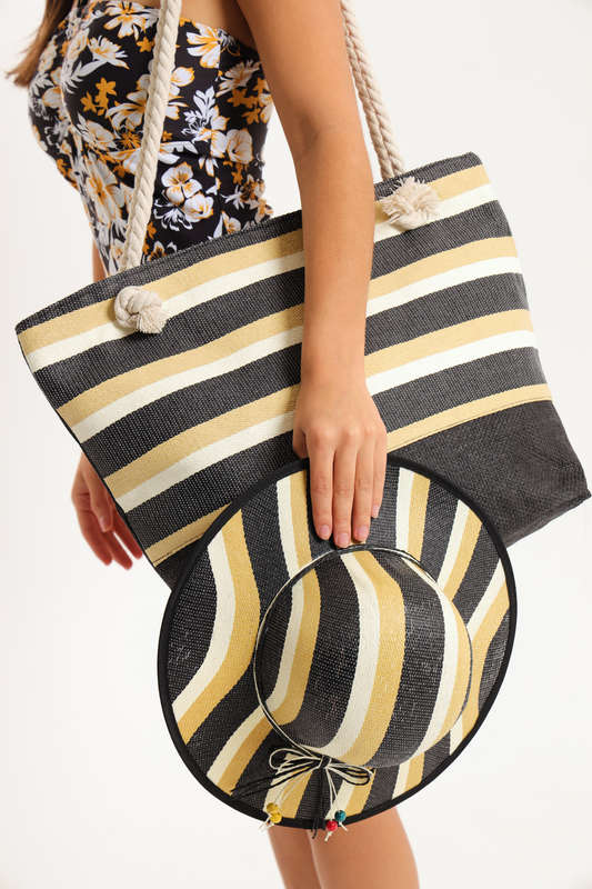 Senza® Large Capacity Canvas Stripe Tote Beach Bag With Matching Hat