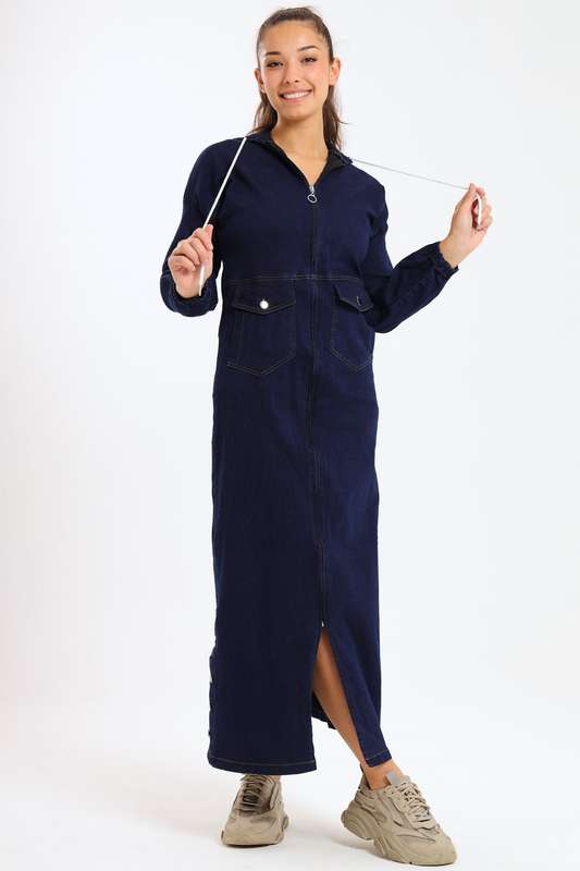 Drew Stretch Denim Maxi Dress With Hood