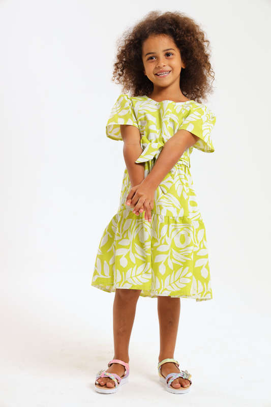 Girls Floral Printed Belted Short Sleeve Dress 2 to 7 Years
