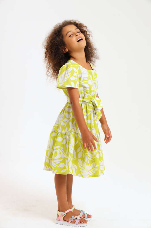 Girls Floral Printed Belted Short Sleeve Dress 2 to 7 Years
