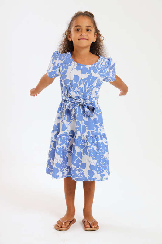 Girls Floral Printed Belted Short Sleeve Dress 2 to 7 Years