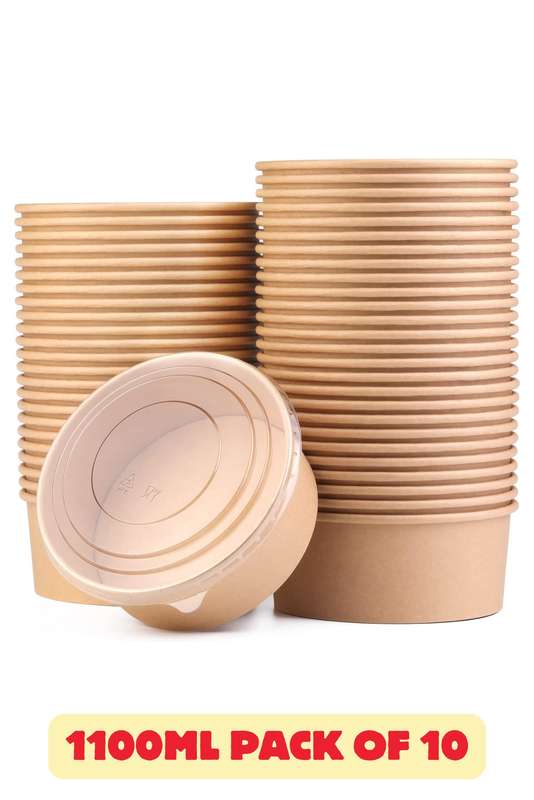 Large 1100ml x 10 Kraft Disposable Salad Food Bowl With Clear Lids