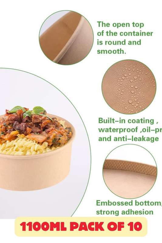 Large 1100ml x 10 Kraft Disposable Salad Food Bowl With Clear Lids