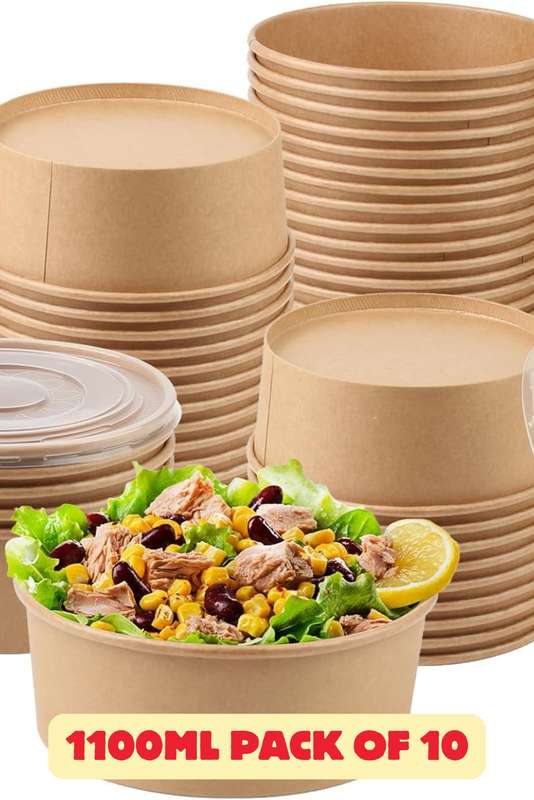 Large 1100ml x 10 Kraft Disposable Salad Food Bowl With Clear Lids