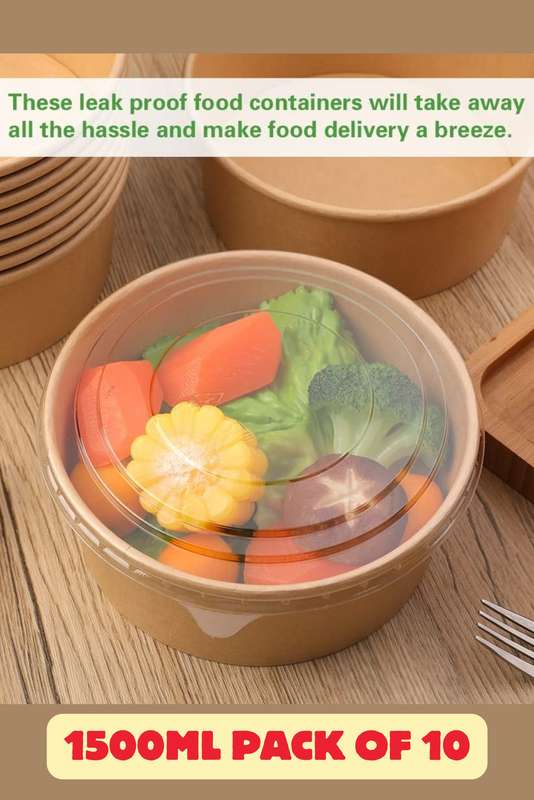 XL 1500ml x 10 Kraft Disposable Salad Food Bowl With Clear Lids