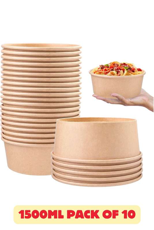 XL 1500ml x 10 Kraft Disposable Salad Food Bowl With Clear Lids