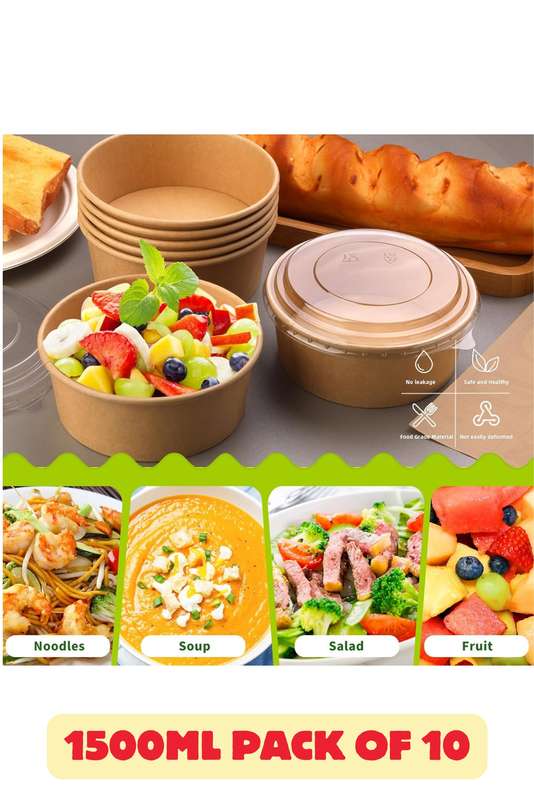 XL 1500ml x 10 Kraft Disposable Salad Food Bowl With Clear Lids
