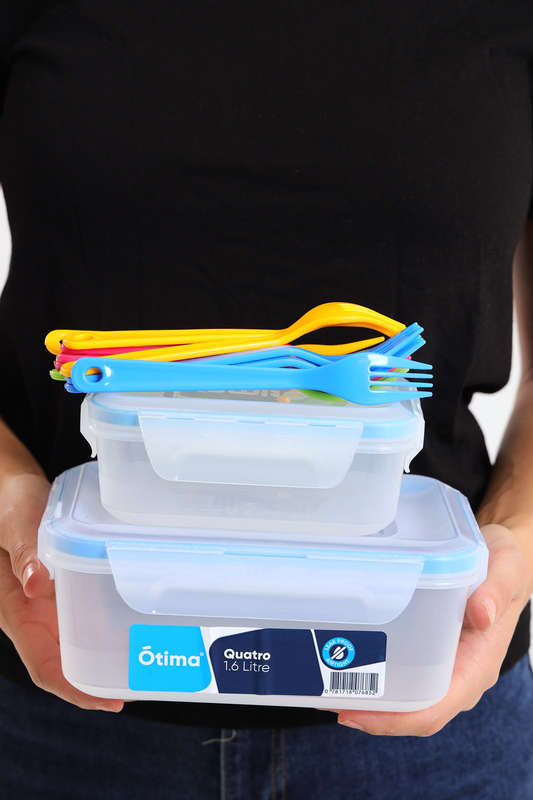 Otima Clear 4 Clip Clear Leakproof School Lunch Box Combo Pack 600ml - 1600ml &amp; 12 Forks
