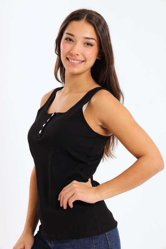 Ladies Branded Versatile Sleeveless Ribbed Button Tank Top Vest