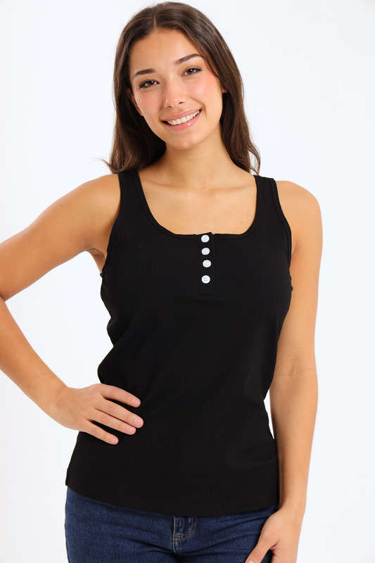 Ladies Branded Versatile Sleeveless Ribbed Button Tank Top Vest