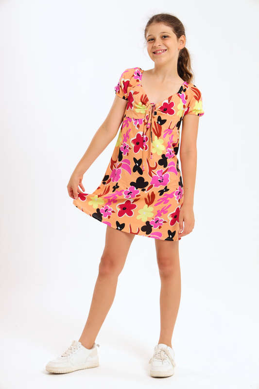 Girls Relaxed Fit Printed Tiered Belted Dress 7 to 14 Years