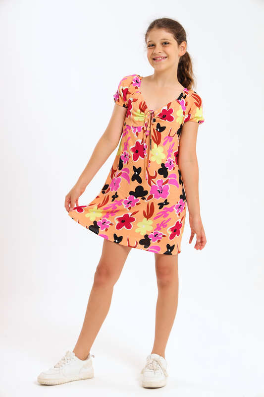 Girls Relaxed Fit Printed Tiered Belted Dress 7 to 14 Years