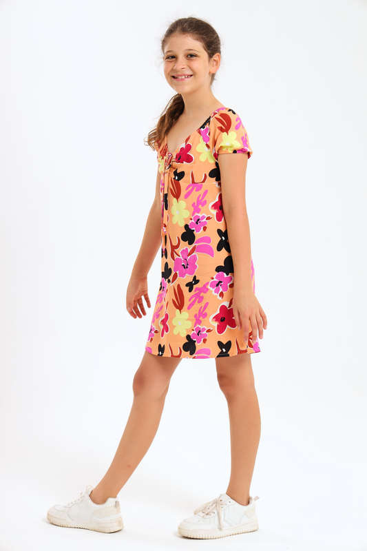 Girls Relaxed Fit Printed Tiered Belted Dress 7 to 14 Years