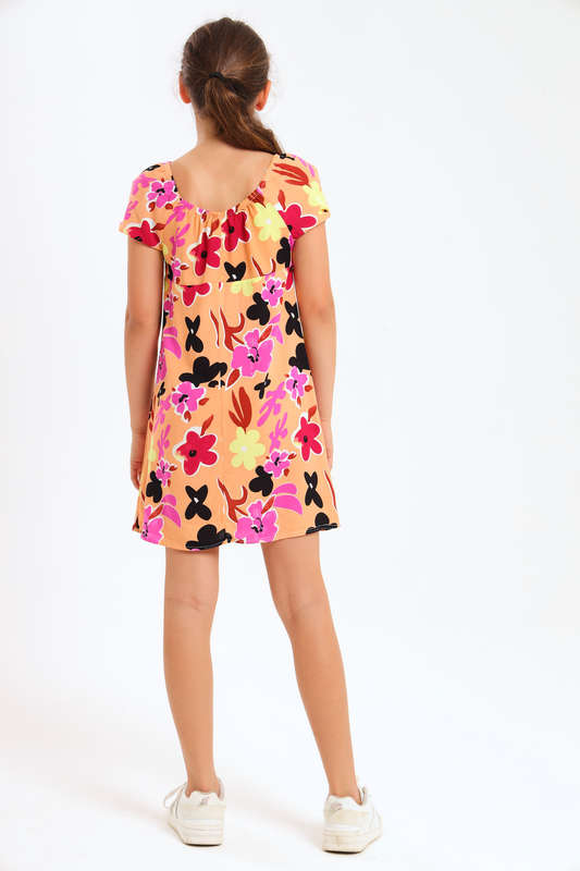 Girls Relaxed Fit Printed Tiered Belted Dress 7 to 14 Years