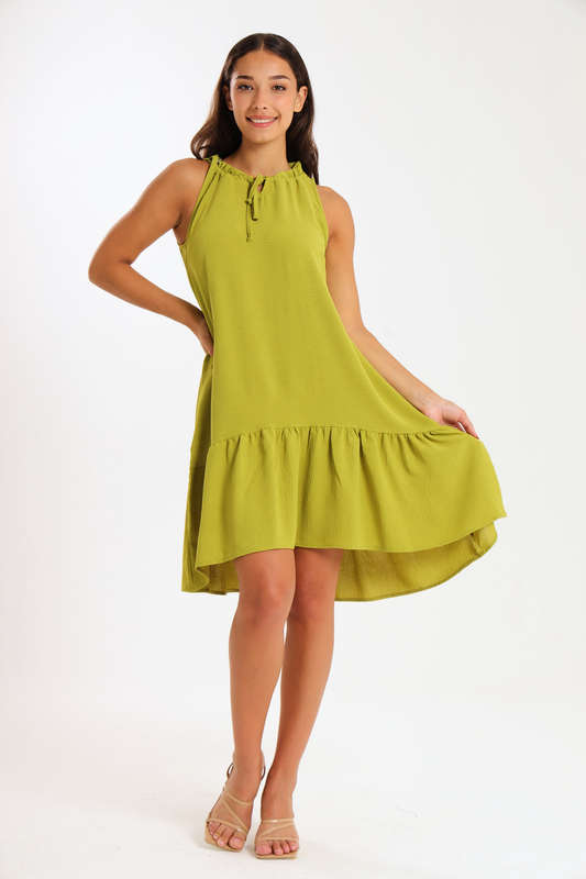Ladies Sleeveless Frill Neck Drop Hem Dress