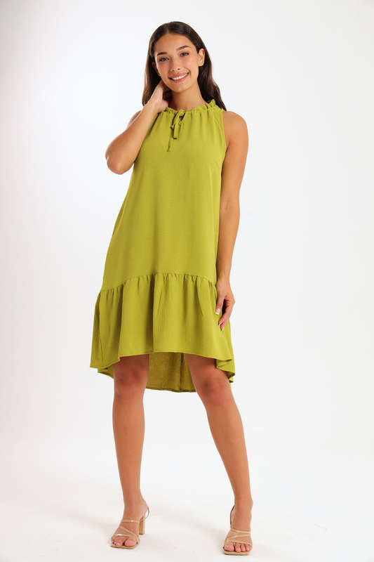 Ladies Sleeveless Frill Neck Drop Hem Dress