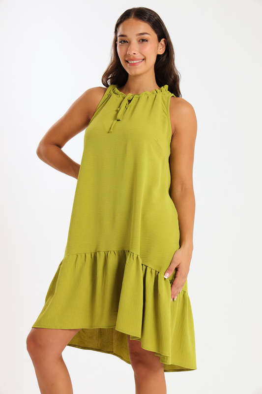 Ladies Sleeveless Frill Neck Drop Hem Dress
