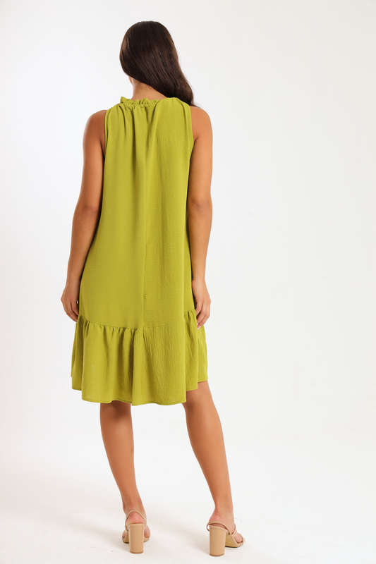 Ladies Sleeveless Frill Neck Drop Hem Dress