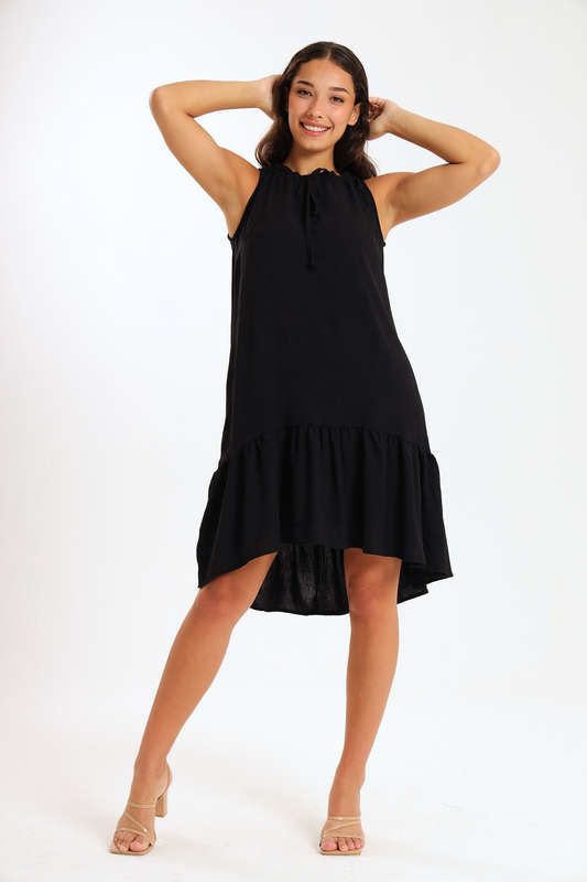 Ladies Sleeveless Frill Neck Drop Hem Dress