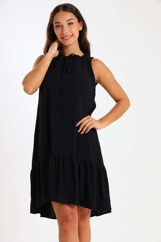 Ladies Sleeveless Frill Neck Drop Hem Dress