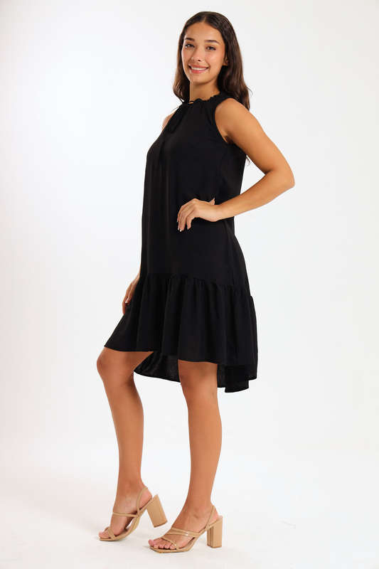 Ladies Sleeveless Frill Neck Drop Hem Dress