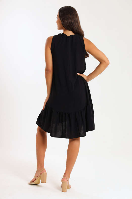 Ladies Sleeveless Frill Neck Drop Hem Dress