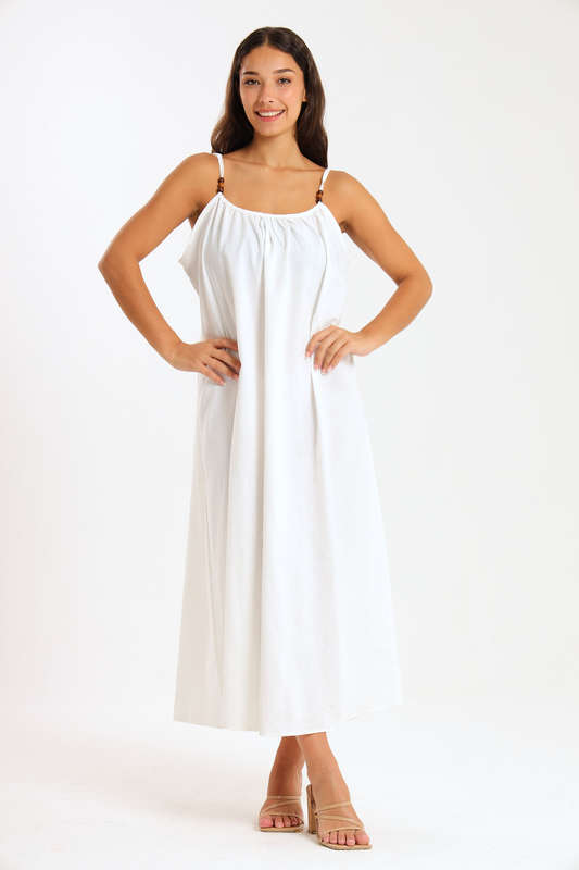 Ladies Linen Blend Strappy Maxi Dress with Bead Detail