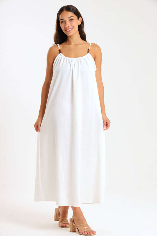 Ladies Linen Blend Strappy Maxi Dress with Bead Detail