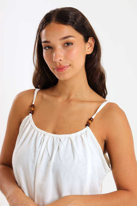 Ladies Linen Blend Strappy Maxi Dress with Bead Detail