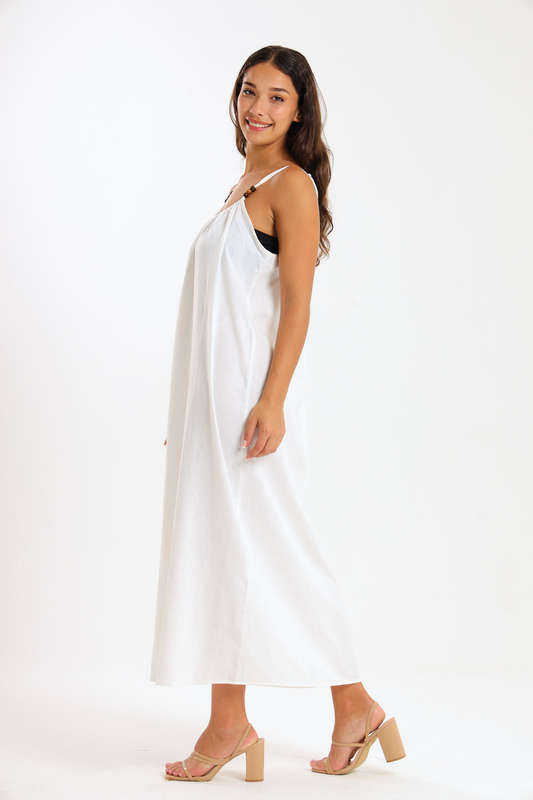 Ladies Linen Blend Strappy Maxi Dress with Bead Detail
